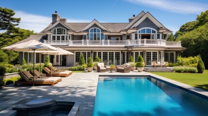 Mediterranean inspired villa with a sprawling garden and a private beach access in the exclusive Hamptons, New York - obrazy, fototapety, plakaty