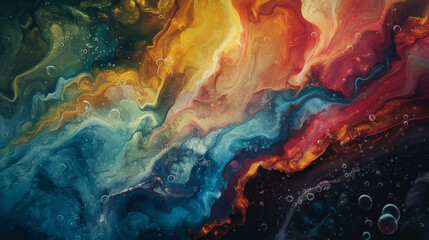 Abstract fluid art background with swirling colors and bubbles, creating an otherworldly atmosphere. A softly blurred backdrop that adds depth to the scene, creating a sense of mystery or magic