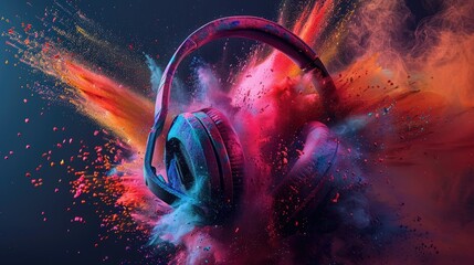 Design an image of headphones adorned with vibrant color powder splashes, creating a dynamic and...