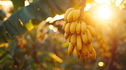 National Banana Day, bananas bunch hanging from tree in nature blur background, art can be used for printings, menu cards, promotions, advertising, background, brochure, banners, and social media. - obrazy, fototapety, plakaty