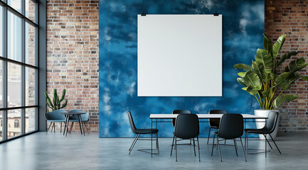 Modern meeting room in office in loft style with brick wall, panoramic window and big empty mockup board on a blue wall.