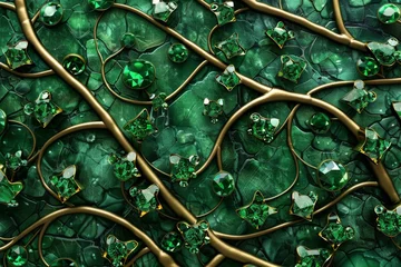 Poster Delicate vines rendered in shades of metallic green, intertwine with emerald gemstones, mimicking the natural growth patterns of plants with a luxurious sparkling created with Generative AI Technology © Sentoriak
