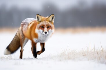 Close-up of a fox running across a snowy field