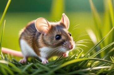 Gray field mouse in a field in the sun's rays. Close-up