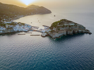 Aerial view of sunrise at Borgo Sant'Angelo in Ischia in the municipality of Serrana Fontana.A...