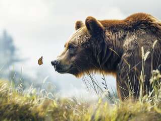 A powerful brown bear enjoying the elegance of nature in the form of a fragile butterfly.