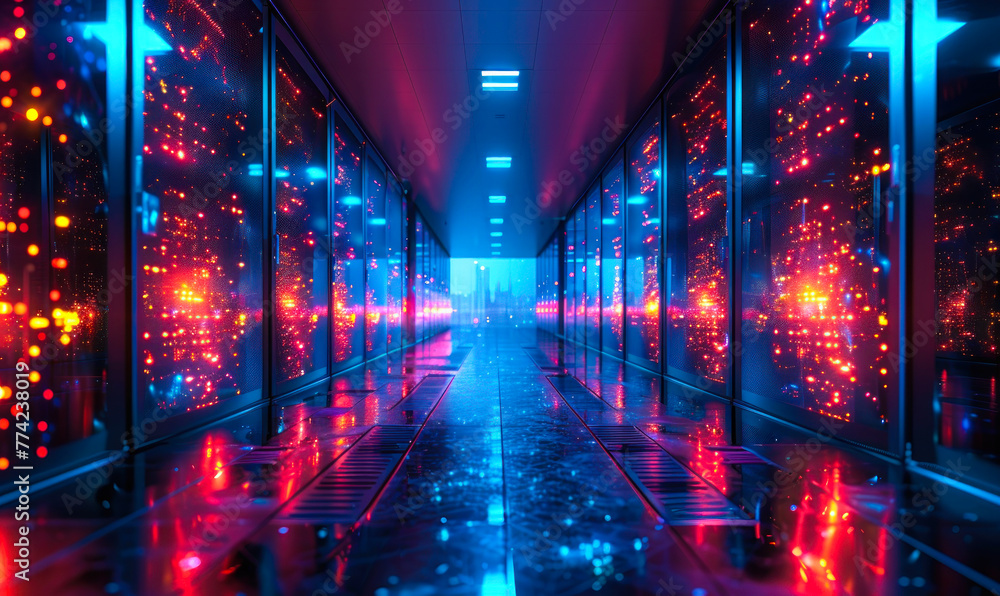 Poster advanced workflow automation in a high tech data center environment with luminous neon server racks 