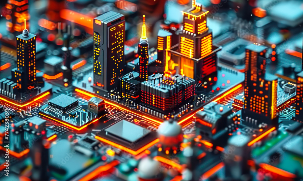 Poster futuristic circuit board with colorful electronic components, chips, transistors and capacitors in 3