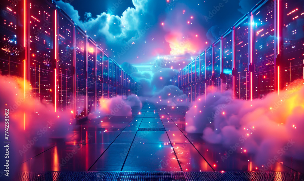Poster advanced hybrid cloud solutions infrastructure with fog and ethereal lighting in a high tech data ce