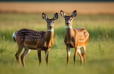 Fawns walk in a green meadow