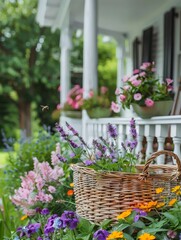 Naklejka premium Summer Garden Blooming Flowers Wicker Basket Porch Bee Nature