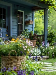 Fototapeta na wymiar Idyllic Summer Garden Blooming Flowers Wicker Basket Cozy Porch