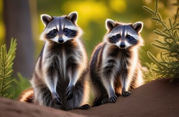 Raccoons sitting in the forest on a sunny day