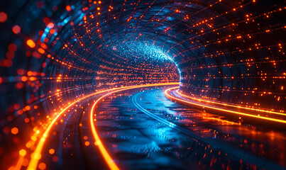 Vivid Visualization of High Speed Data Transfer and Acceleration Technologies in a Cybernetic Tunnel of Light and Information - obrazy, fototapety, plakaty