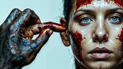 Scary girl with blood on her face. Self awareness - obrazy, fototapety, plakaty