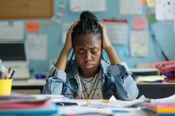 African American female student holding her head in frustration over schoolwork at a desk. - obrazy, fototapety, plakaty