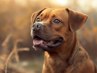 Close-up portrait of a dog with mouth open and shallow deptsh of field
