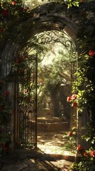 Fototapeta na wymiar Enchanted Garden Gateway Sunlight Roses Fountain Romance