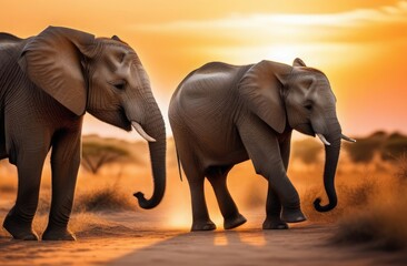 Elephants at sunset walking along the African savannah