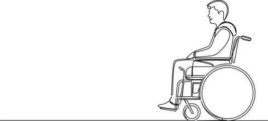 continuous single line drawing of young man in wheelchair, line art vector illustration