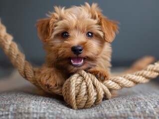 Puppy resting next to rope toy, animal playtime concepts