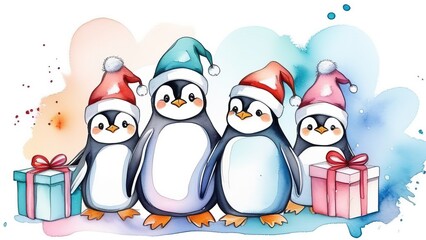 Fototapeta premium Cute penguins in colorful hats with gift boxes, Christmas and New Year concept