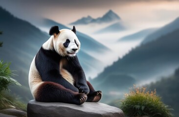 A panda sits on a stone on the edge of a cliff against the backdrop of the foggy mountains of...