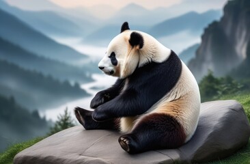 Close-up. A panda sits on a stone against the backdrop of the foggy mountains of China. Landscape...