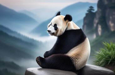 A panda sits on a stone against the backdrop of the foggy mountains of China. Landscape with a panda