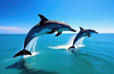 Dolphins play in the water