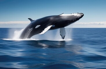 Fototapeta premium Close-up. A large whale jumps out of the water, creating splashes around itself