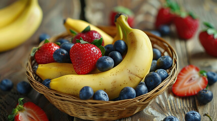 National Banana Day, banana with strawberries blueberries in a basket, art can be used for printings, menu cards, promotions, advertising, background, brochure, banners, and social media. - Powered by Adobe