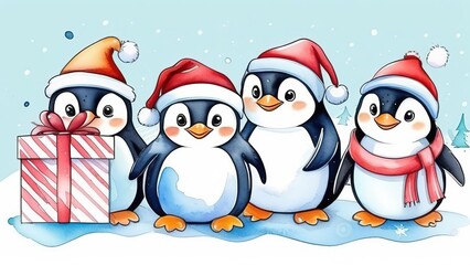 Cute penguins in colorful hats with gift boxes, Christmas and New Year concept