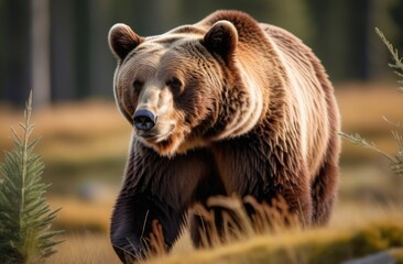 Obraz premium Close-up. Brown bear walks through a field near the forest