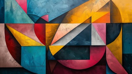 A dynamic geometric abstract artwork with bold colors and intricate layered shapes creating a visually captivating composition.