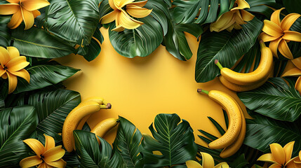 National Banana Day ,banana with green leaves on yellow background, art can be used for printings, menu cards, promotions, advertising, background, brochure, banners, and social media.