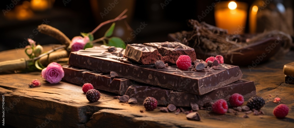 Poster various chocolate bars and fresh raspberries are placed on a wooden table, creating a tempting and c
