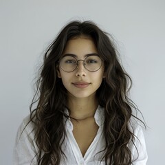 portrait of a woman with glasses, blured background, studio lighting