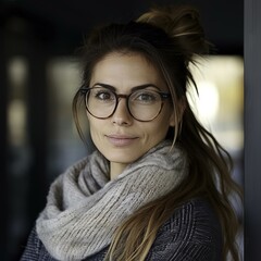 portrait of a woman with glasses, blured background, studio lighting