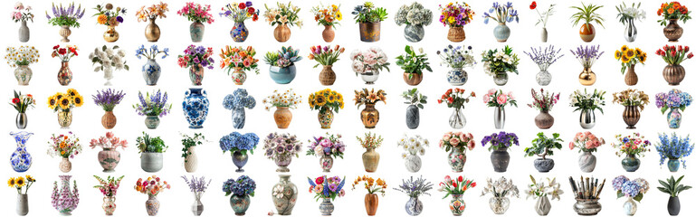 Many flower and plant in vase set of different flower and docoration style of red rose, gebera, sunflower, aloe vera, lavender, orchid and many more flowers, isolated on transparent background AIG44 - Powered by Adobe
