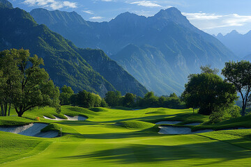 A golf course surrounded by majestic mountains, creating a breathtaking backdrop.