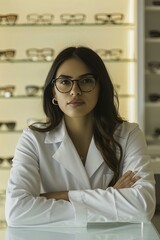 portrait of a woman with glasses, blured background, studio lighting