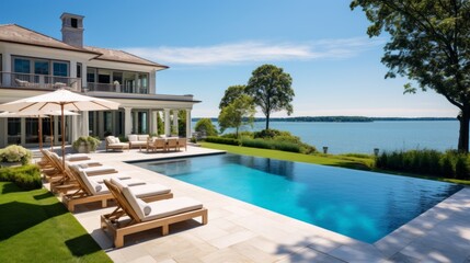 Fototapeta premium Mediterranean inspired villa with a sprawling garden and a private beach access in the exclusive Hamptons, New York