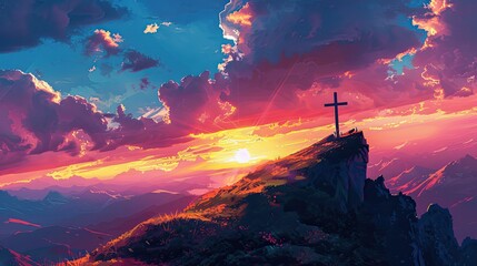 Envision a scene where a cross stands prominently on a mountain summit, casting a striking silhouette against the vibrant hues of a sunrise