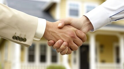 Envision a scene where a real estate agent and a customer share a handshake, marking the completion of contractual matters related to home insurance and investment loans - obrazy, fototapety, plakaty