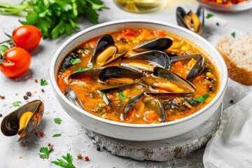 Tasty mussel soup or mussel in a plate on a beautiful background with elements of vegetables - obrazy, fototapety, plakaty