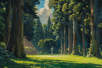A golfer teeing off against a backdrop of majestic towering trees. - obrazy, fototapety, plakaty