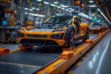 Vibrant orange sports car being assembled, robotic arms working on chassis, epitome of modern manufacturing technology. Bright sports vehicle under assembly in a plant with mechanical arms engaged