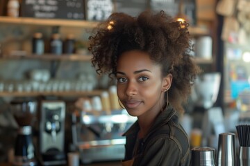 Curly-haired African American barista, exuding youthfulness, framed by coffee paraphernalia, wears a subtle, inviting smile in a bustling cafe. Delicate gaze of young coffee attendant, - obrazy, fototapety, plakaty