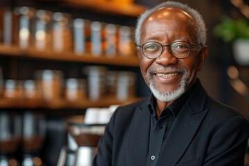 Elder African American male, distinguished grey beard, smiling warmly in black shirt, eyes sparkling with joy amidst a cozy cafe ambiance. Joyous expression worn by mature man entrepreneur - obrazy, fototapety, plakaty